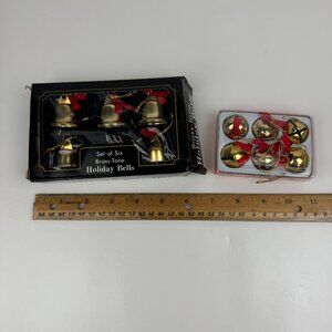 2 Vtg Pkgs Christmas Gold Brass Tone Bells Jingle w Red Ribbon‎ w Orig Box READ